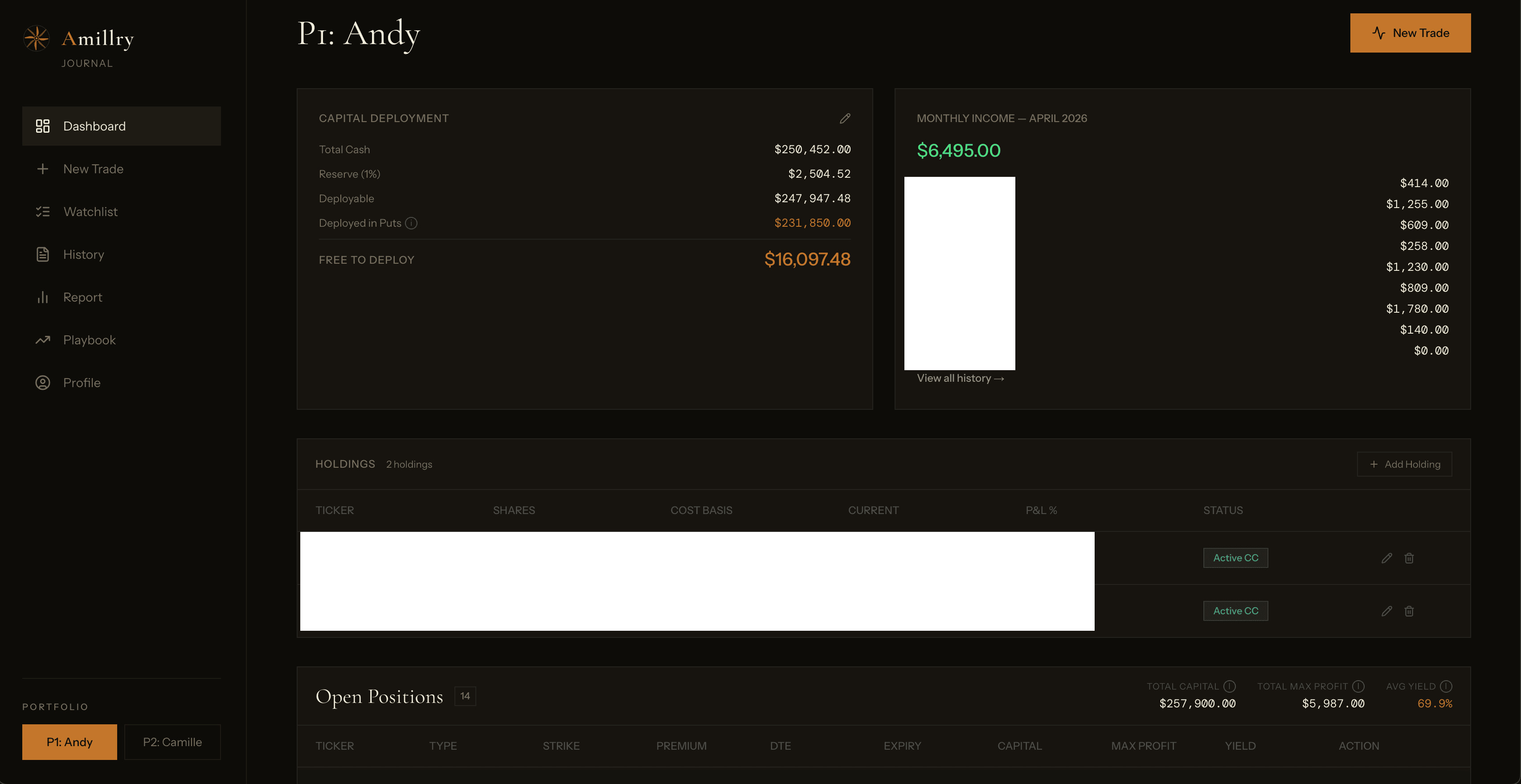 Amillry Journal dashboard showing capital deployment and open positions